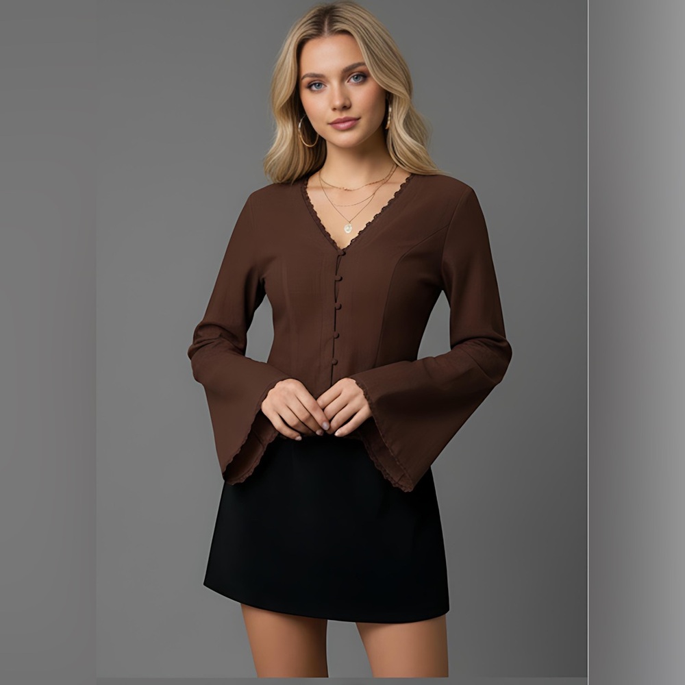 Boho Cotton Lace Cap Sleeve Single Button Blouse Brown - Picture 2 of 8